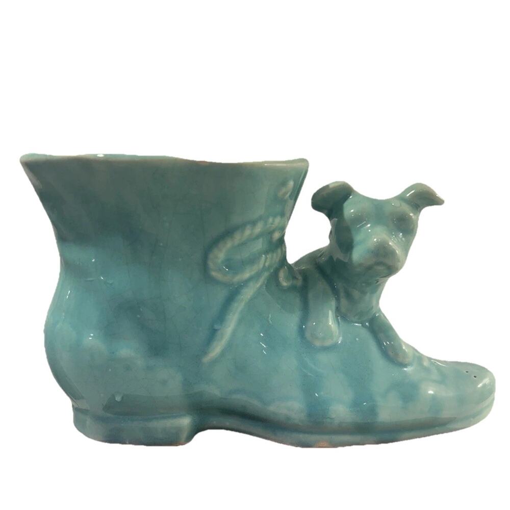 Vintage USA‎ Pottery Blue Ceramic Shoe With Dog Planter With Bow